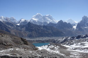 Turquoise glacial lake surrounded by snow-covered Himalayan peaks under a clear blue sky.