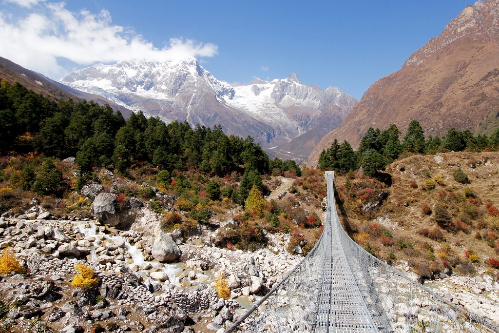 Long suspension bridge crossing a rocky valley toward forest and snow-covered Himalayan peaks