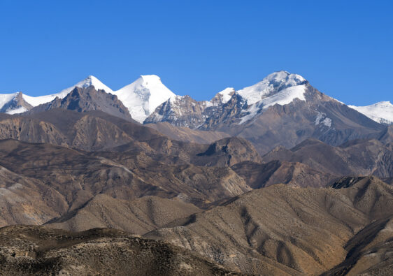 Snow-capped Himalayan peaks in Upper Mustang, Nepal.