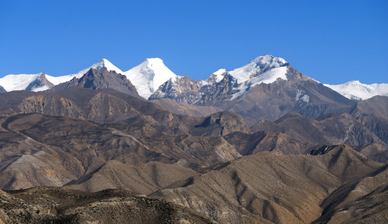Snow-capped Himalayan peaks in Upper Mustang, Nepal.